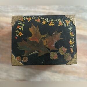 Vintage Decorative Black and Gold Box with Floral Design & Brass Fittings
